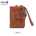 Retro brown PU leather RFID trifold wallet with zipper and wrist strap for women - Brown