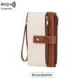 Brown and white RFID leather long wallet with dual zippers and a detachable wrist strap - Brown and White