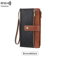 Brown and black RFID blocking leather long wallet for women with wrist strap and dual zippers - Brown and Black