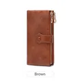 Portefeuille long en cuir marron pour femme avec double fermeture éclair et bouton pression - Marron