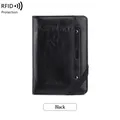 Black RFID blocking leather passport holder with elastic strap and embossed airplane icon - Black