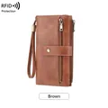 Retro brown long wallet for women with RFID protection and dual metal zippers - Brown