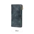 Deep blue-green long leather wallet for women with double zippers and snap closure - Blue