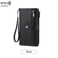 Women's black RFID blocking tri-fold long wallet in pebbled leather with wristlet - Black