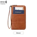Portefeuille passeport RFID long en cuir marron avec rangement et lanière assortie - Marron