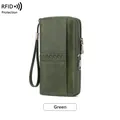 Portafoglio RFID lungo in pelle verde scuro per donna con doppia cerniera e polso - Verde