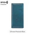 Peacock blue oil wax leather long wallet for women with RFID blocking technology - Oil Wax Peacock Blue