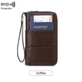 Coffee brown RFID leather passport wallet with zip closure and wrist strap for travel - Coffee