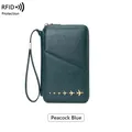 Peacock Blue RFID blocking leather travel wallet with gold airplane metallic accents - Teal