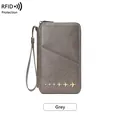 Grey RFID blocking travel passport wallet with vintage PU leather and plane icons - Gray