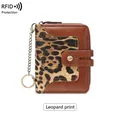 Brown faux leather RFID wallet with leopard print flap and metal keychain ring - Leopard Print