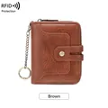 Brown leather short wallet with RFID protection, key chain and snap closure - Brown
