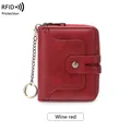 Short RFID blocking wine red wallet for women with key chain and zipper pocket - Burgundy