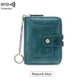 Peacock blue RFID blocking leather wallet with printed pattern and key chain strap - Teal