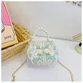 Light blue floral embroidered children crossbody bag with pearl handle and traditional knots - Blue With Frog Buttons