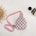 Pink and grey checkered nylon chest bag for kids with adjustable shoulder strap - Pink