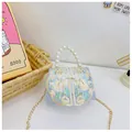 Lichtblauwe vintage tas voor meisjes met bloemenborduurwerk en wit parelhandvat - Blauw