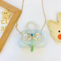 Light blue kids handbag with lace bow, blue gemstone, pearls and tassel strap - Green