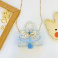 Light blue kids handbag with lace bow, blue tassel and elegant pearl handle detail - Blue