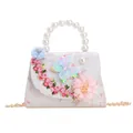 White jacquard crossbody bag for girls with pearl handle and butterfly floral embroidery - White