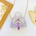 Purple floral children princess handbag with pearl handle and bow tassel detail - Purple
