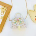 Pink pearl handle girl handbag with lace bow and colorful diamond tassel charm - White