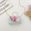 Mini sac à main bleu clair pour enfant avec fleurs 3D, perle et bandoulière - Bleu