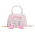 Pink girl's crossbody bag with floral embroidery, pearl handle and soft tassels - Pink