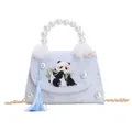 Sac à bandoulière panda bleu clair pour enfants avec poignée en perles et pompon - Panda Bleu