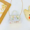 Kids vintage handbag with pearl handle, pink floral pattern and tassel detail - White Pearl