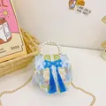 Sac à main brodé bleu clair pour filles avec poignée en perles et pompon traditionnel - Bleu