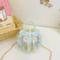 Sac brodé bleu clair pour fille avec poignée en perles et pompon de style chinois - Vert