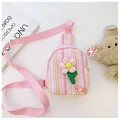 Pink striped girl's crossbody chest bag with floral decor and colorful LOVE letters - Pink Flower