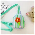 Striped crossbody chest bag for girls with orange 3D flower and mint green strap - Green Flower