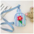 Blue and purple striped girls' crossbody bag with pink flower and LOVE patch - Blue Flower