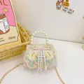 Pink girls' bag with floral embroidery, pearl handles, and golden chain strap - Pink Single Breasted