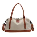 Beige canvas and brown leather travel tote bag with MINGJIA logo and adjustable strap - Brown