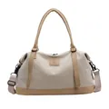 Large canvas tote bag in beige with khaki leather trim and adjustable strap - Khaki