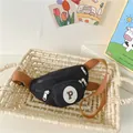 Kids black canvas crossbody chest bag with brown strap and letter P patch detail - Letter P Decorative Style / Black