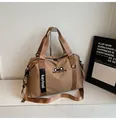 Detail of khaki nylon travel bag showing cat ears design and adjustable wide shoulder strap - No Pendant / Brown