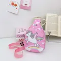 Pink cartoon dinosaur crossbody bag for girls featuring unicorn prints and adjustable strap - Pink Unicorn