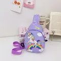 Kids purple dinosaur unicorn crossbody chest bag with adjustable strap and rainbow prints - Taro Purple