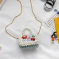 Cute blue and white tweed handbag for girls featuring pearl handle and gold chain strap - Cherry Style / Blue