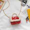 Mini red plaid girls tweed handbag with pearl handle and floral cherry decor - Cherry Style / Red
