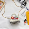 Mini girls black white tweed handbag with pearls, red flower and cherry charms - Cherry Style / Black