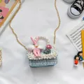 Blue tweed girls handbag with pearl handle and pink plush bunny decoration - Rabbit Style / Blue