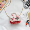 Mini red girls crossbody bag with pearl handle and cute plush bunny decoration - Rabbit Style / Red