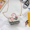 Mini girls black and white tweed handbag with pearls and pink rabbit pendant - Rabbit Style / Black