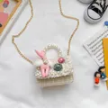 Mini beige tweed crossbody bag for girls with pearl handle and cute plush bunny detail - Rabbit Style / Khaki