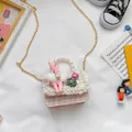 Pink tweed girl's mini handbag with pearl handle and cute rabbit pendant charm - Rabbit Style / Pink